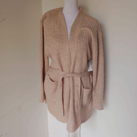 Nine West Women's Ribbed Belted Cozy Cardigan Sweater Cream Size S - Picture 2 of 8